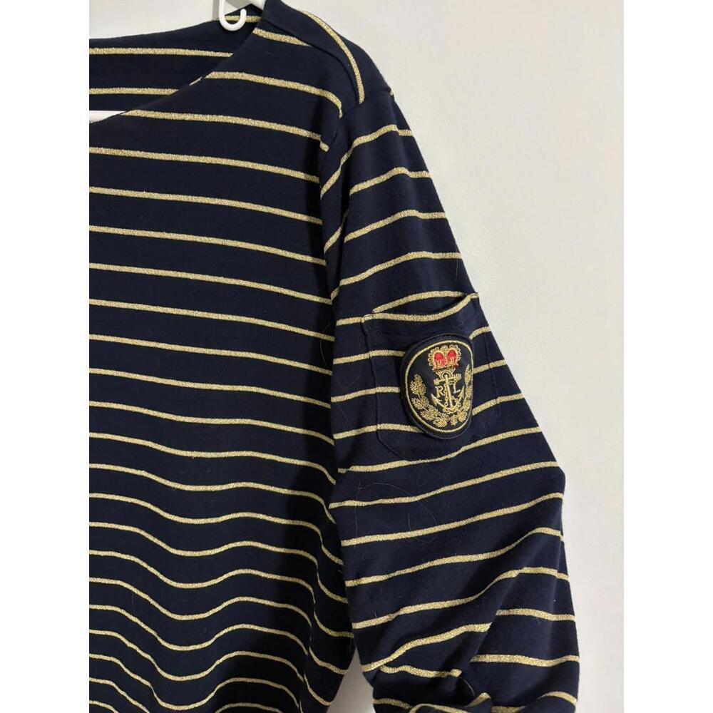 Lauren Ralph Lauren Womens Shirt 2X Blue Gold Metallic Stripe 3/4 Slv Crest Logo - Picture 3 of 8